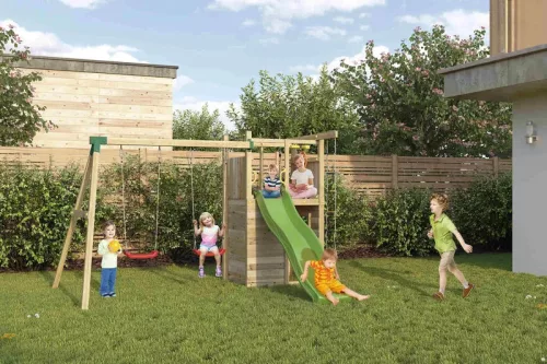 Loc de joaca de gradina din lemn Houser KDI casa, tobogan, 2x leagan, coarda de catarat, scara de franghie, accesorii