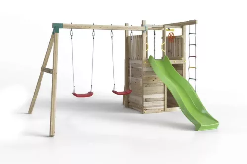 Loc de joaca de gradina din lemn Houser KDI casa, tobogan, 2x leagan, coarda de catarat, scara de franghie, accesorii
