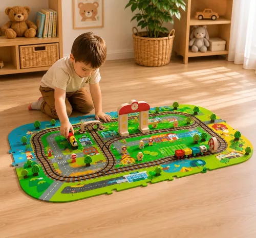 Pad de spumă 3D Deluxe cu tren și șine de baterie - Set educațional 3V1 City 56 piese