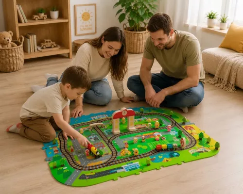 Pad de spumă 3D Deluxe cu tren și șine de baterie - Set educațional 3V1 City 56 piese