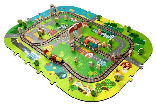 Pad de spumă 3D Deluxe cu tren și șine de baterie - Set educațional 3V1 City 56 piese