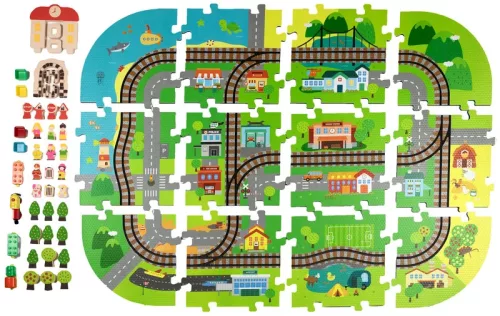 Pad de spumă 3D Deluxe cu tren și șine de baterie - Set educațional 3V1 City 56 piese
