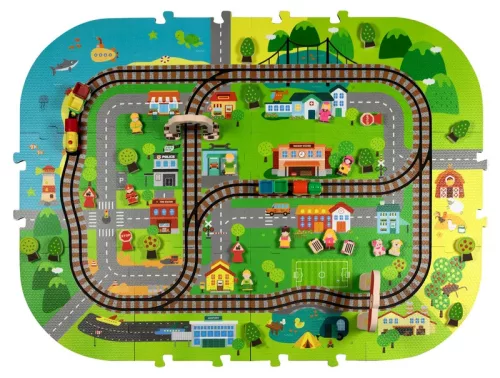 Pad de spumă 3D Deluxe cu tren și șine de baterie - Set educațional 3V1 City 56 piese