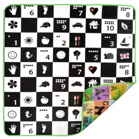   Tablă de învățare din spumă cu două fețe Humbi Tabla de șah 3 în 1 Numere din alfabet polonez Imagini contrastante Alb-negru 180 x 200 x 1 cm