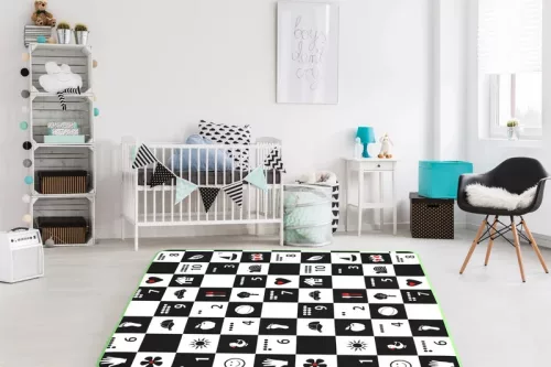 Tablă de învățare din spumă cu două fețe Humbi Tabla de șah 3 în 1 Numere din alfabet polonez Imagini contrastante Alb-negru 180 x 200 x 1 cm