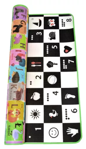 Tablă de învățare din spumă cu două fețe Humbi Tabla de șah 3 în 1 Numere din alfabet polonez Imagini contrastante Alb-negru 180 x 200 x 1 cm