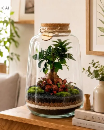 Pădure vie într-un borcan Mikroklimat cu Ficus retusa, 33 cm