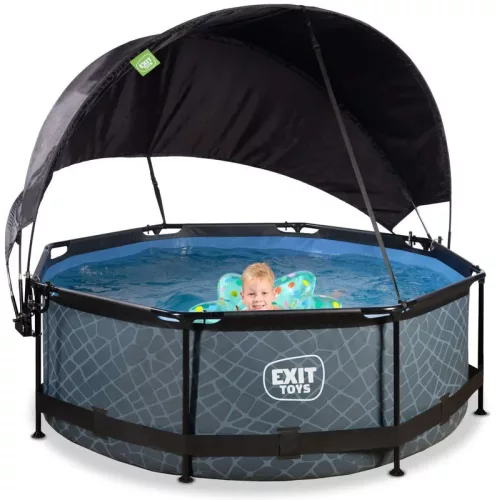 Piscina rotunda de gradina 244x76 cm cu pompa de filtru si copertina gri