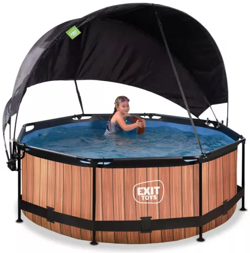 Piscina rotunda de gradina 244x76 cm cu pompa de filtru si copertina maro