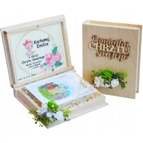   Set Unic de Biblie Ilustrată în Cutie de Lemn Personalizată - Cadou Ideal pentru Botez