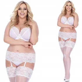    Stripants albi senzuali, ciorapi DANTELI LATI, jartiere PLUS SIZE