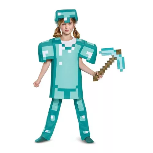 Set costum Minecraft, deghizare, costum de carnaval armura diamant 109-126 cm (4-6 ani) + kg armă Târnăcop 41 cm